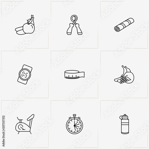 Fitness line icon set with hand expander, sport watch and training mat