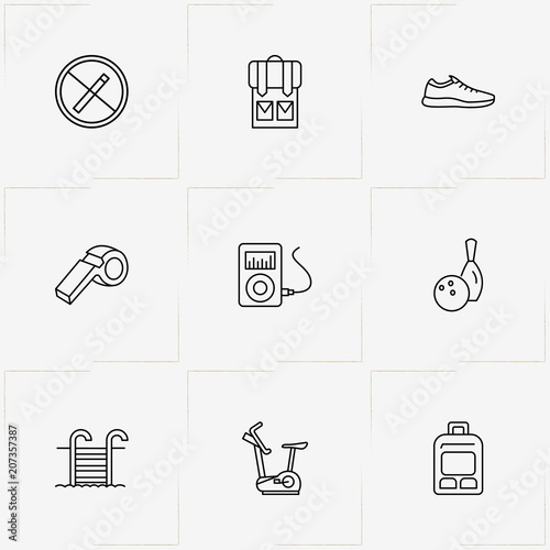 Fitness line icon set with sport shoe, exercise bike and backpack