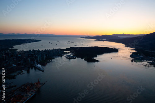 Aerial view of Downtown Vancouver  British Columbia  Canada. Taken during a vibrant sunset.