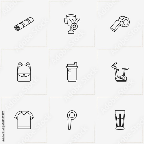Fitness line icon set with exercise bike, sport shirt and shaker