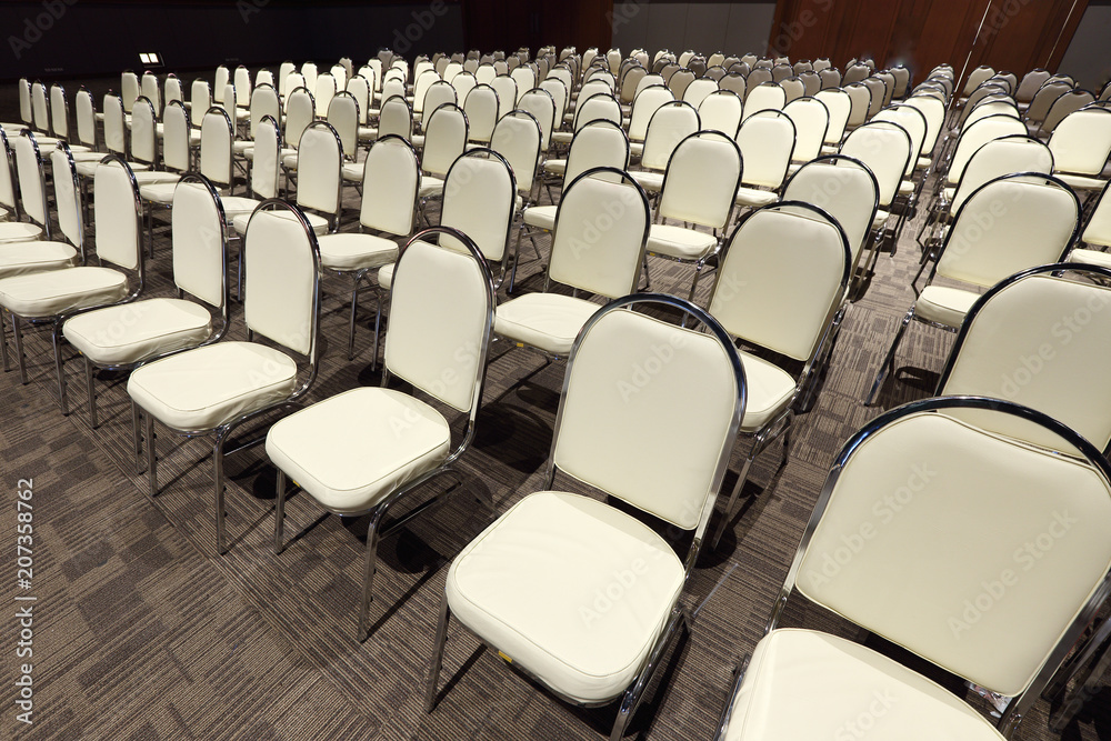 Fototapeta premium Many Chairs arranged in row order for Performance Contest in Ballroom