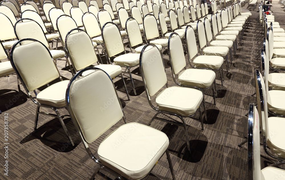Fototapeta premium Many Chairs arranged in row order for Performance Contest in Ballroom