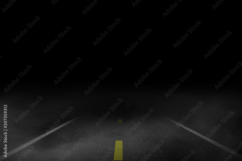 The lonely road fog at night - obrazy, fototapety, plakaty 