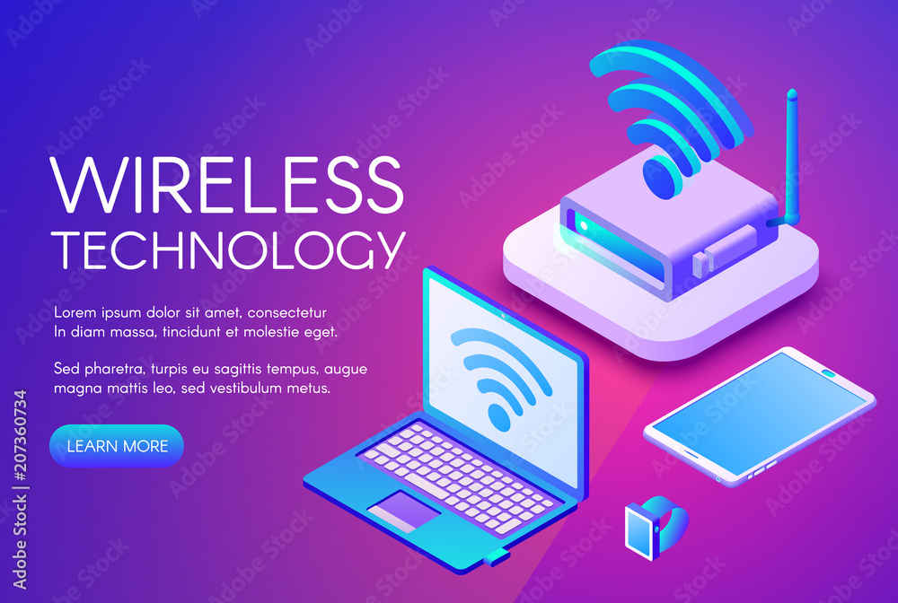Wireless technology vector illustration of internet data transfer in digital devices. Wi-fi router, Bluetooth or NFC wireless communication in computer and smartphone on purple ultra violet background - obrazy, fototapety, plakaty 