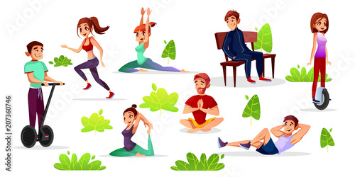 Vector cartoon men, women doing sports in park set. Young male, female characters doing yoga jogging and stretching, riding segway and monowheel, meditating and relaxing. Outdoor leisure activities