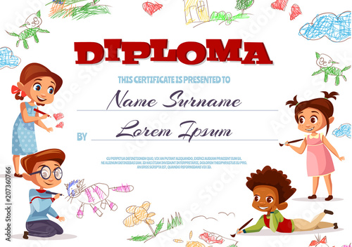 Diploma template vector illustration of kindergarten certificate for kids. Cartoon design of boys and girls children with color pencils and funny chalk drawings for graduation or education award