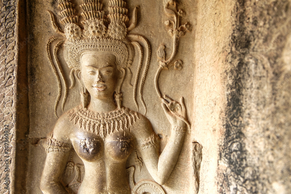 Sandstone sculpture, Close up of Apsara the angel of Cambodia. Angkor Wat, Siem Reap, Cambodia.