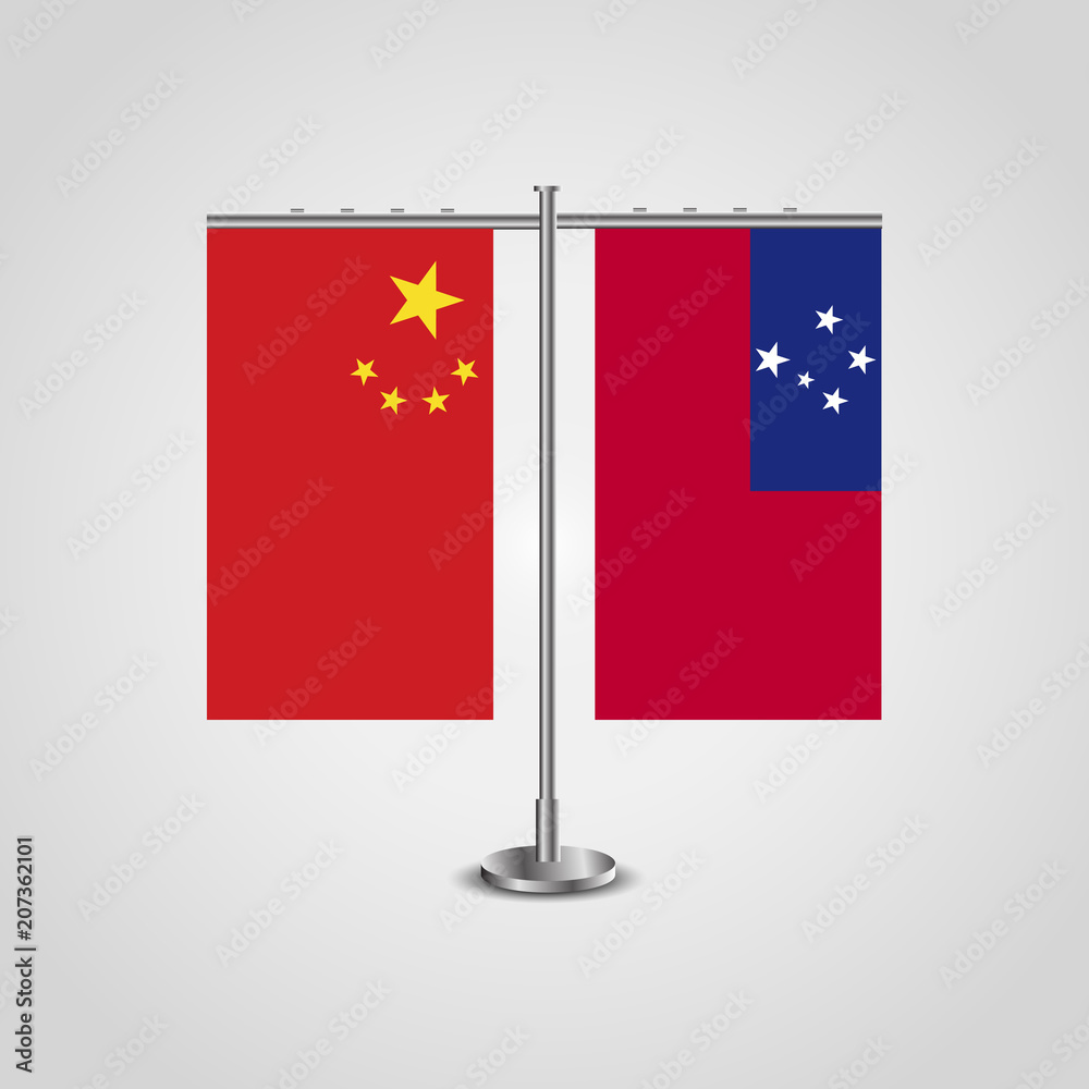 Table stand with flags of China and Samoa.Two flag. Flag pole. Symbolizing the cooperation between the two countries. Table flags Table stand with flags of China and Samoa.Two flag. Flag pole. Symbolizing the cooperation between the two countries. Table flags