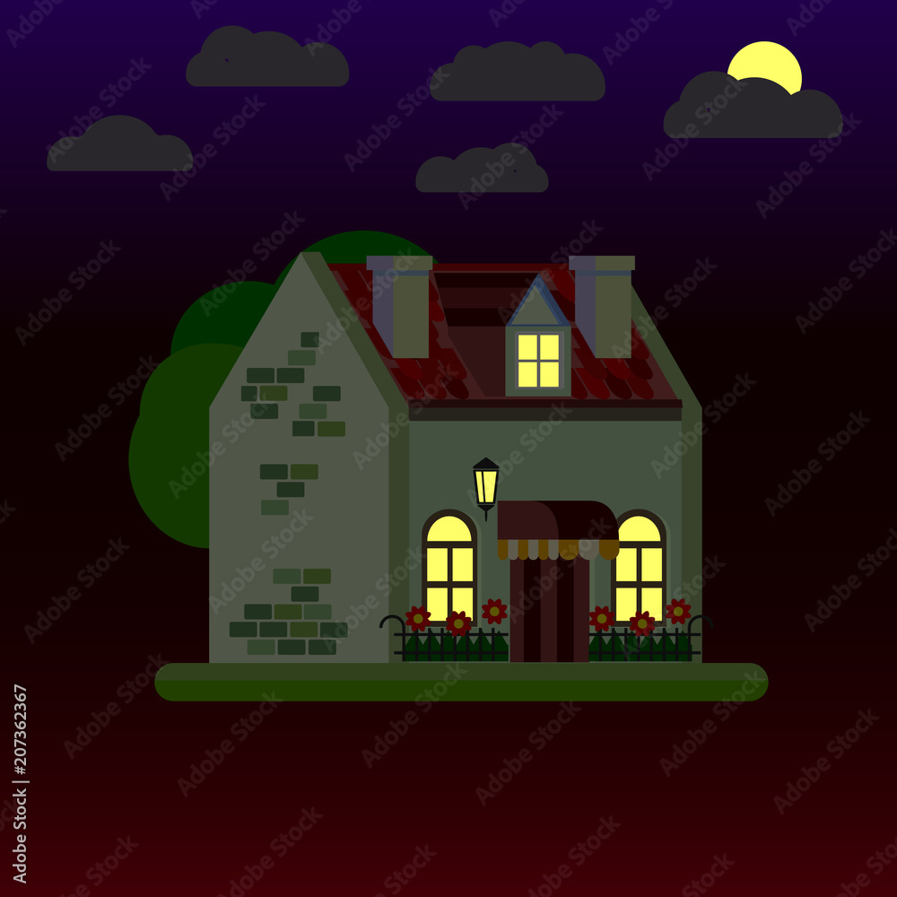 Flat illustrations of house at night. One-storey building. Vector.