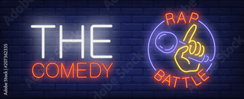 Comedy rap battle neon sign. Hand with microphone in circle on brick wall. Vector illustration in neon style for performance banner or tv show