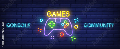 Console Community neon style banner. Gamepad on brick background. Videogame, game club, leisure. Can be used for advertising, street wall sign, web design