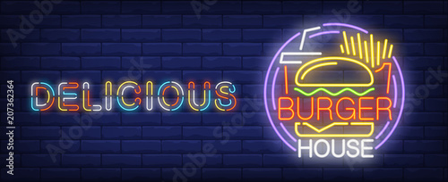 Delicious burger house neon sign. French fries, coke and tasty burger.  Vector illustration in neon style for fast food cafe or delivery