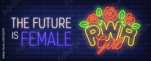 Future is female neon sign. Bunch of roses and bright inscription on brick wall. Vector illustration in neon style for card or banner