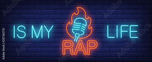 My rap life neon sign. Signboard with inscription and microphone on fire. Vector illustration in neon style for music album or concert banner