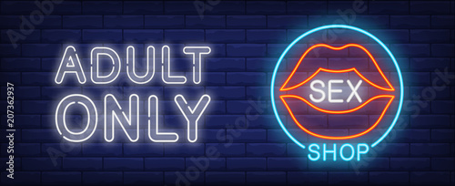 Sex shop neon sign. Open sensual female lips in blue circle. Adult only lettering on brick wall. Vector illustration in neon style for store or temptation
