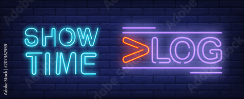 Show time on vlog neon sign. Creative lettering with additional lines. Vector illustration in neon style for video content or live streaming
