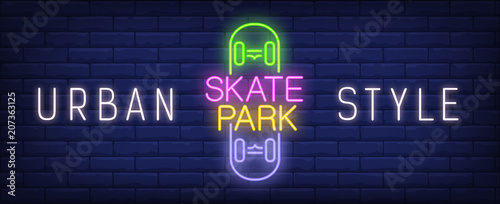 Urban style skate park neon sign. Colorful inscription on skateboard on dark brick wall. Vector illustration in neon style for skateboarding contest or modern playground presentation