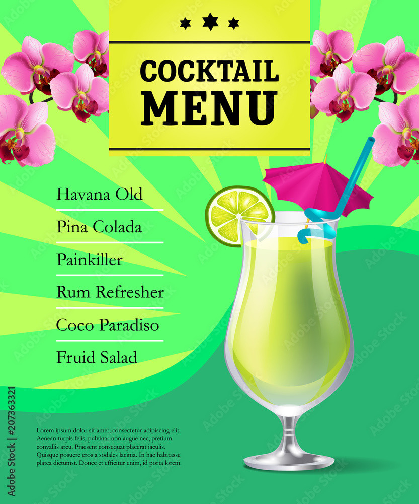 Cocktail menu poster template design. Cold drink in glass and orchid  flowers on green background with
