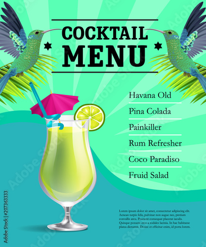 Cocktail menu poster template design. Glass with drink, colibri birds on green and blue background with rays. Hotel bar, restaurant, summer party. Can be used for posters, leaflets and brochure