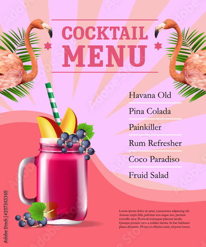 Cocktail menu poster. Fruit juice and flamingoes and palm leaves on pink background with rays. Bar, cafe, restaurant banner. Beverage concept. Can be used for posters, leaflets and brochure