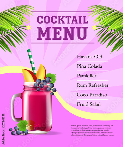 Cocktail menu poster. Fruit smoothie and palm leaves on pink background with rays. Bar, cafe, restaurant banner. Beverage concept. Can be used for posters, leaflets and brochure