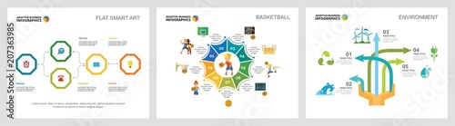 Colorful basketball and ecology concept infographic charts set. Business design elements for presentation slide templates. For corporate report, advertising, leaflet layout and poster design.