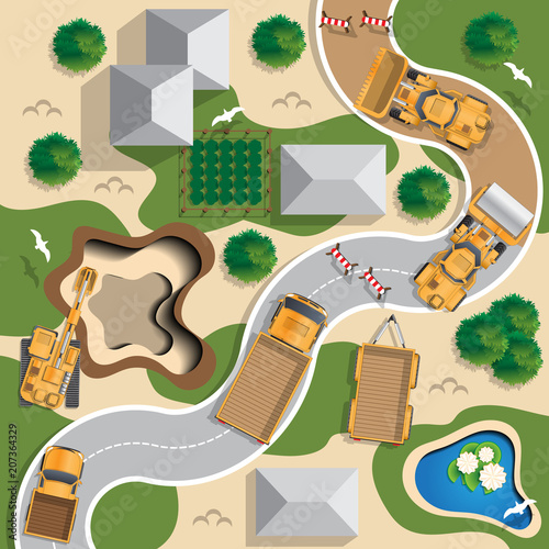 Construction of the road. View from above. Vector illustration.