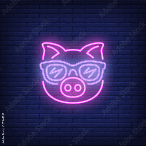 Cute cartoon pink pig in sunglasses. Neon sign element. Night bright advertisement. Vector illustration for restaurant, cafe, diner, menu, advertising design