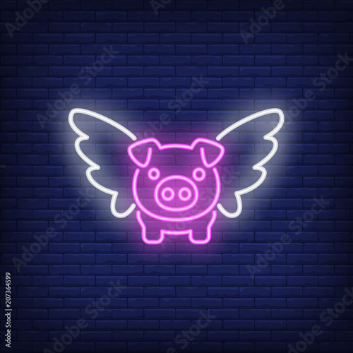 Flying pig cartoon character. Neon sign element. Night bright advertisement. Vector illustration for restaurant, cafe, diner, menu, advertising design