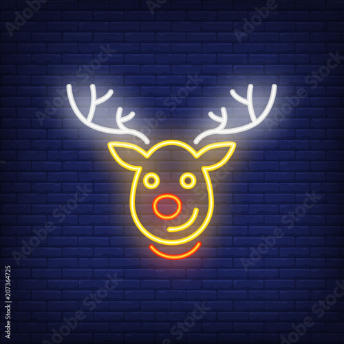 Rudolph neon Christmas reindeer cartoon character. Night bright advertisement element. Neon festive design for New Year, Christmas, celebration, greeting cards