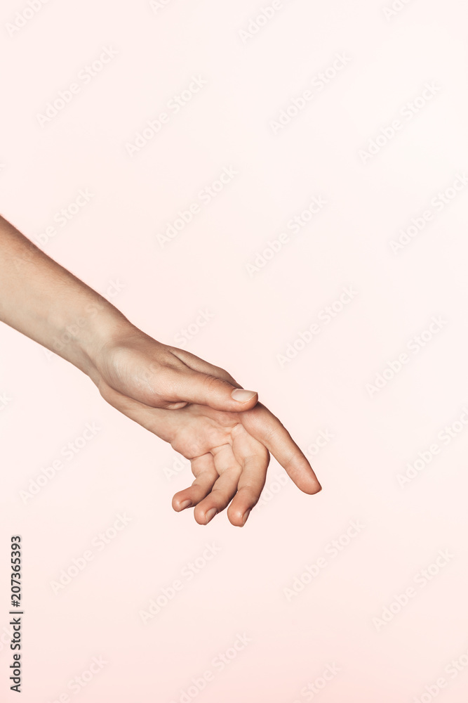 cropped image of woman gesturing by hand isolated on pink background