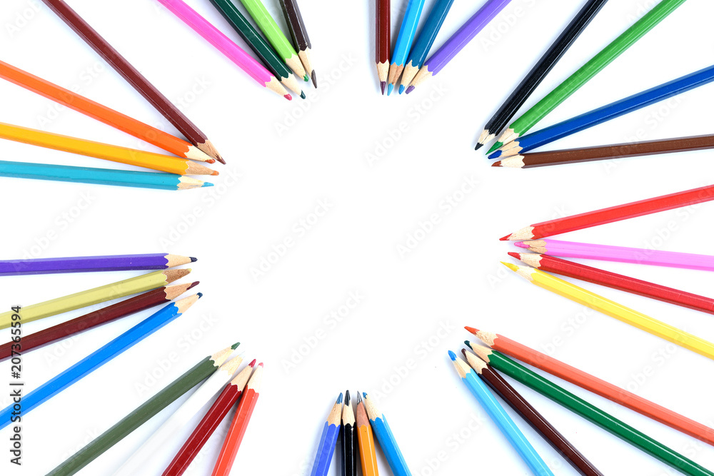 Colorful pencils, pastel and gouache isolated on white background with copy space. Drawing concept.