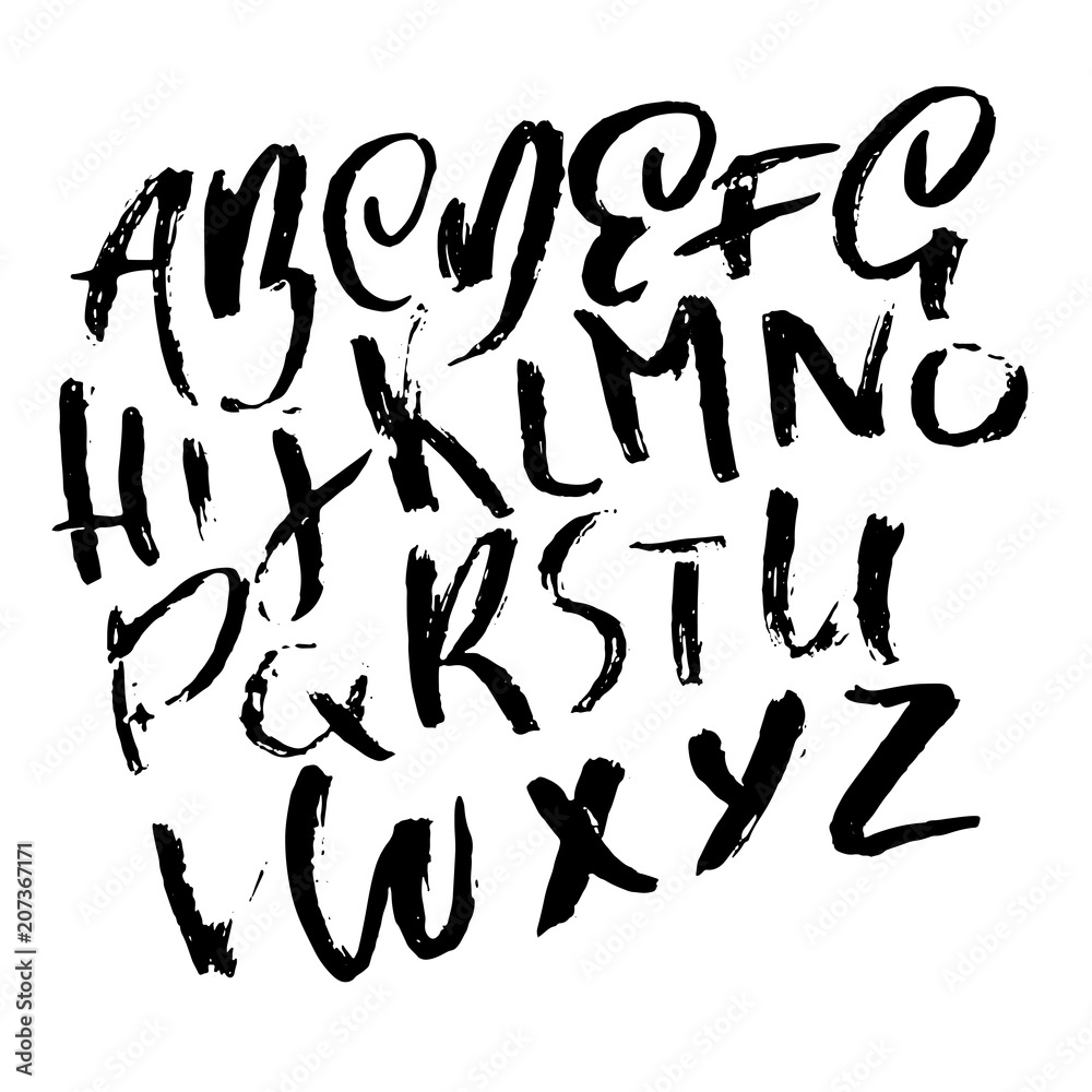 Handdrawn dry brush font. Modern brush lettering. Grunge style alphabet. Vector illustration.