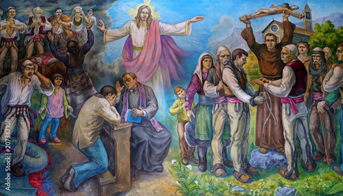 The altarpiece shows the faith of the Albanian people in Jesus Christ in Mother Teresa cathedral in Vau i Dejes, Albania.