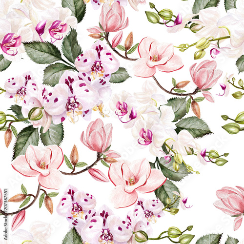 Beautiful bright watercolor pattern with flowers of orchids and magnolias.