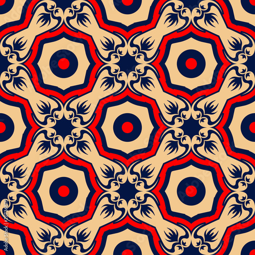 Blue seamless background. Floral beige and red pattern