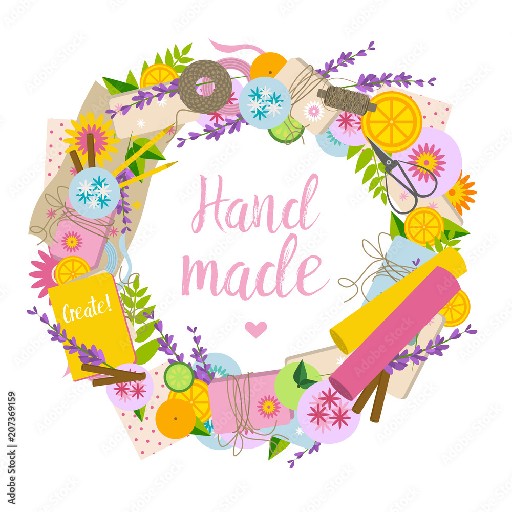 Obraz premium Round frame with tools for handmade hobby