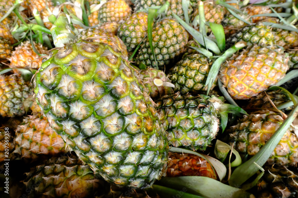 Pineapples for sell in market and A lot of pineapple fruit background. Pineapples for sell in market and A lot of pineapple fruit background.