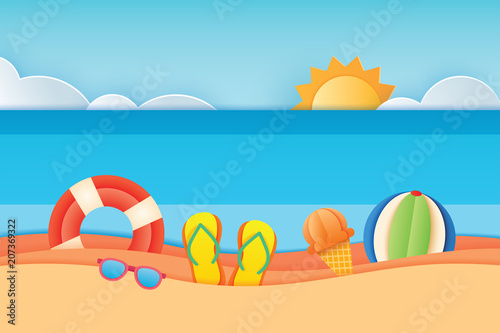 Summer time sea view with equipment placed on the beach and sky background. Paper art and craft style. Vector illustration of life ring  sunglass  ice cream  beach ball  sandals.