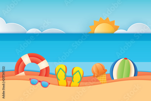 Summer time sea view with equipment placed on the beach and sky background. Paper art and craft style. Vector illustration of life ring, sunglass, ice cream, beach ball, sandals.