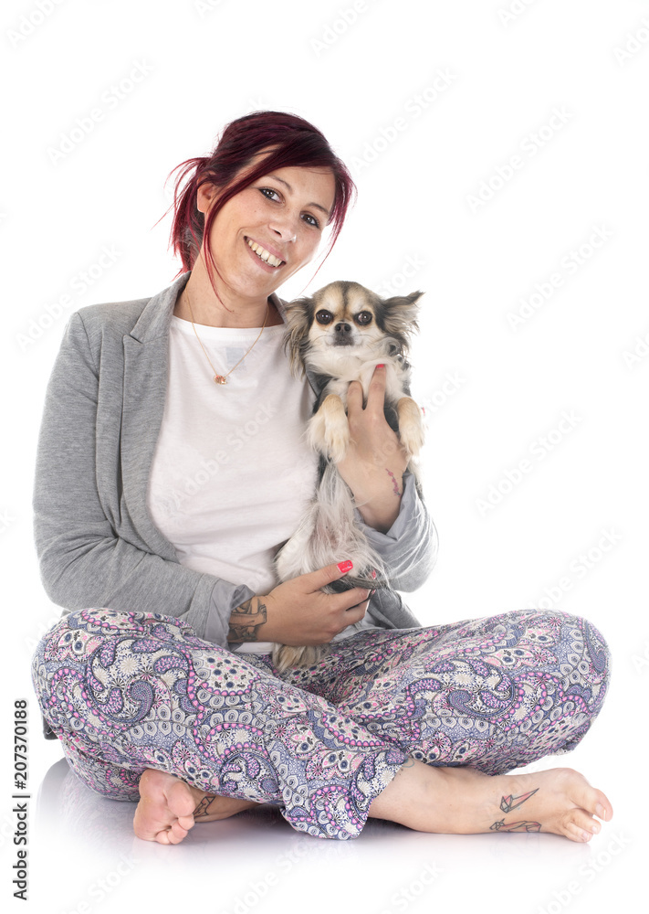 woman and chihuahua in studio