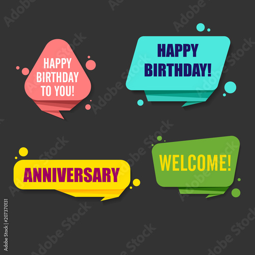 Colorful congratulatory and welcome labels isolated on grey.