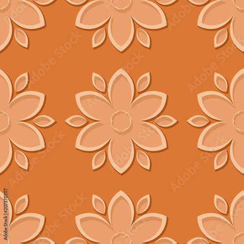 Seamless orange background with 3d floral elements