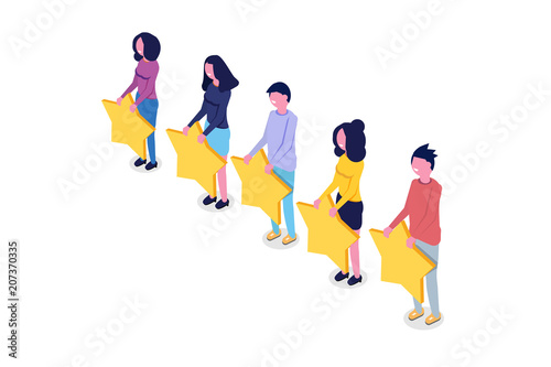 Customer review, Usability Evaluation,  Feedback,  Rating system isometric concept. Vector illustration