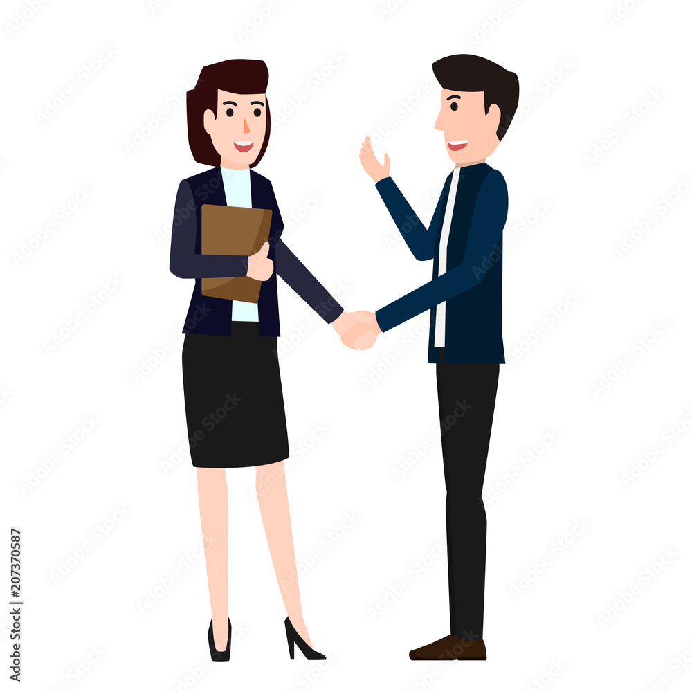 Business men and women are shaking hands for working relationships and business partnerships. cartoon character vector illustration. Business men and women are shaking hands for working relationships and business partnerships. cartoon character vector illustration.