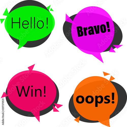 Win, hello, bravo and oops replicas isolated on white.