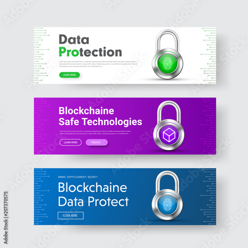 Template of vector horizontal web banners with padlock for information protection and blockchaine technology. photo