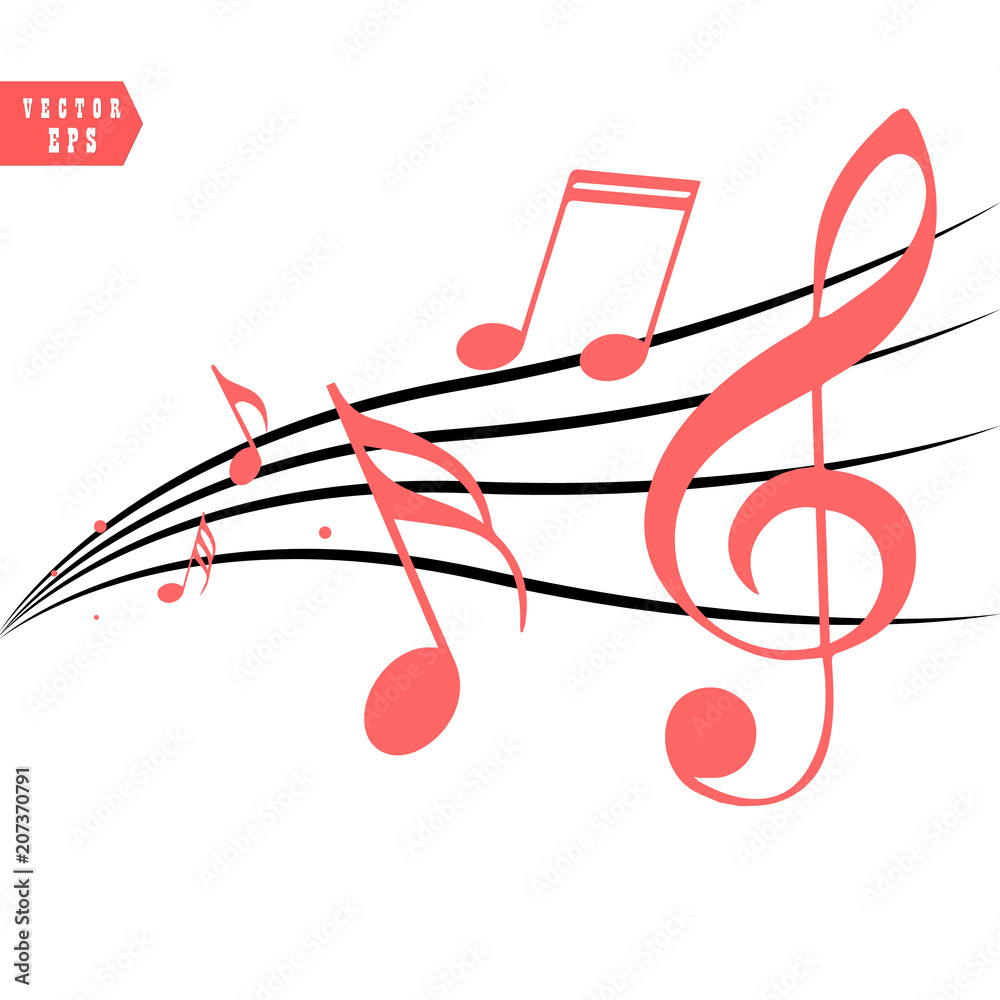 Red Musical notes in flowing design of elements in realistic style ...