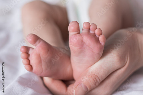 Beautiful image of the feet of a newborn baby in female hands
