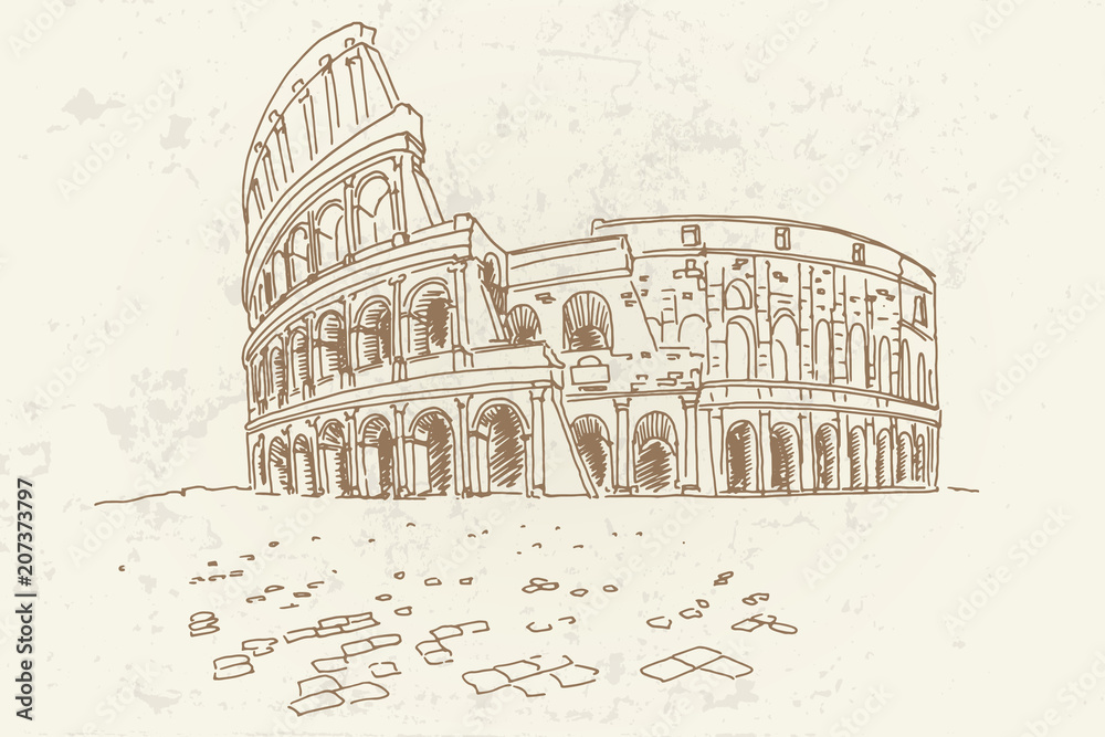 Vector sketch of The Coliseum or Flavian Amphitheatre, Rome, Italy. Retro style.